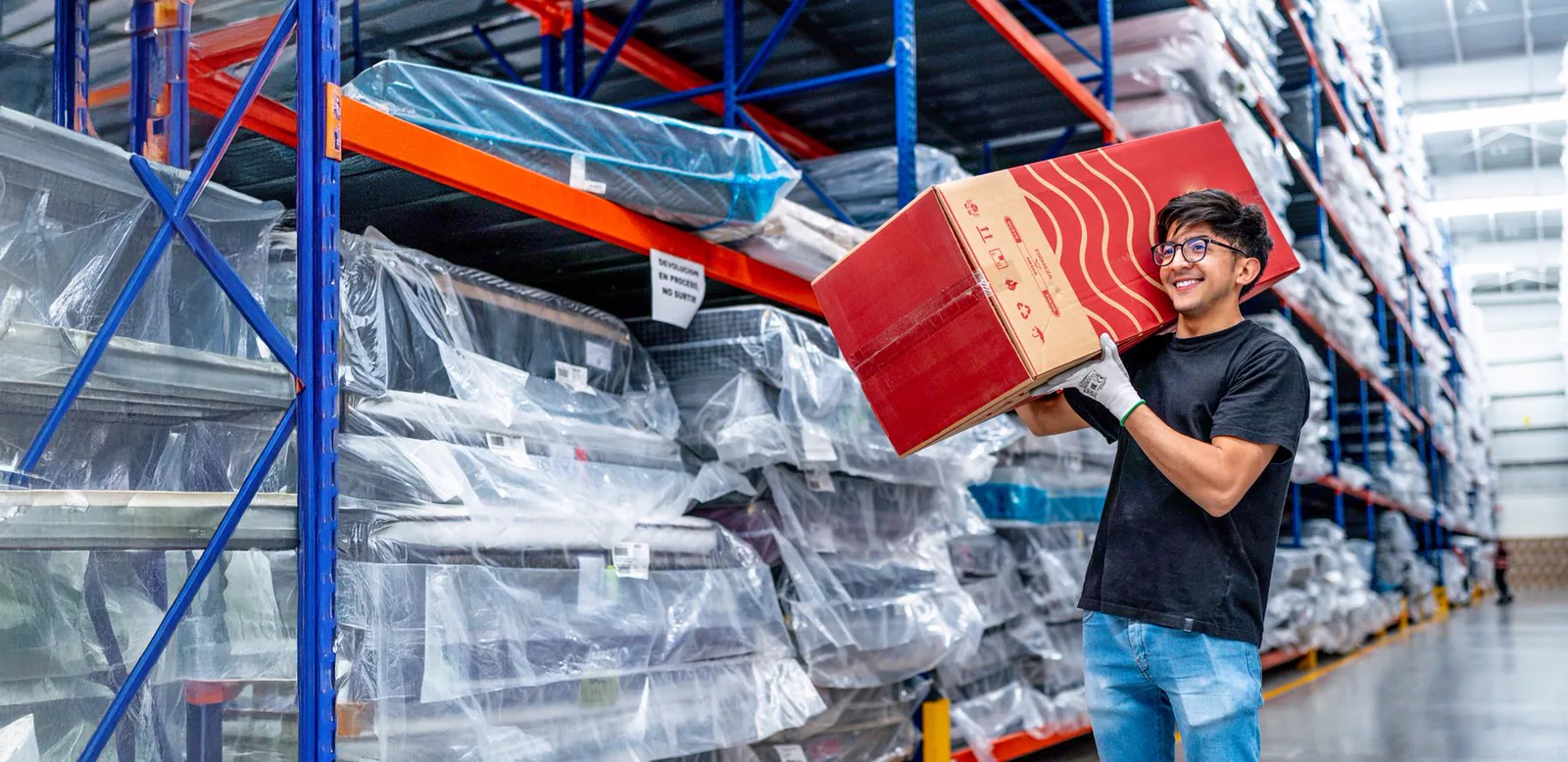 A warehouse worker carrying a carton through organized storage aisles