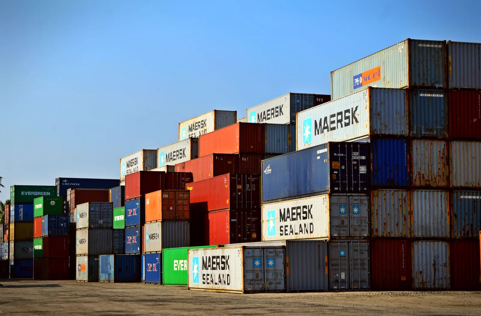 Stacked cargo containers prepared for international transport