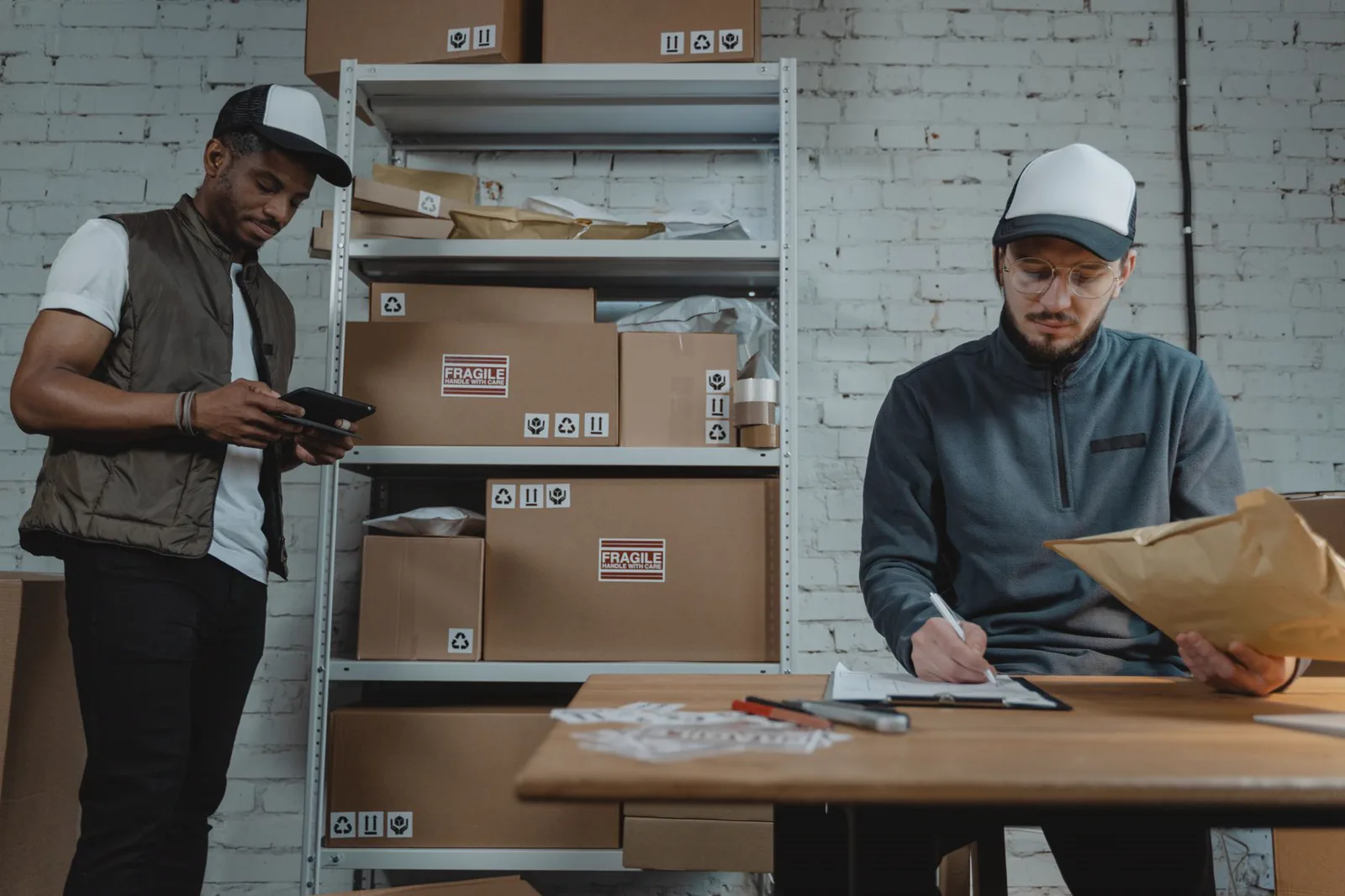 Warehouse employees checking packages and recording shipment information