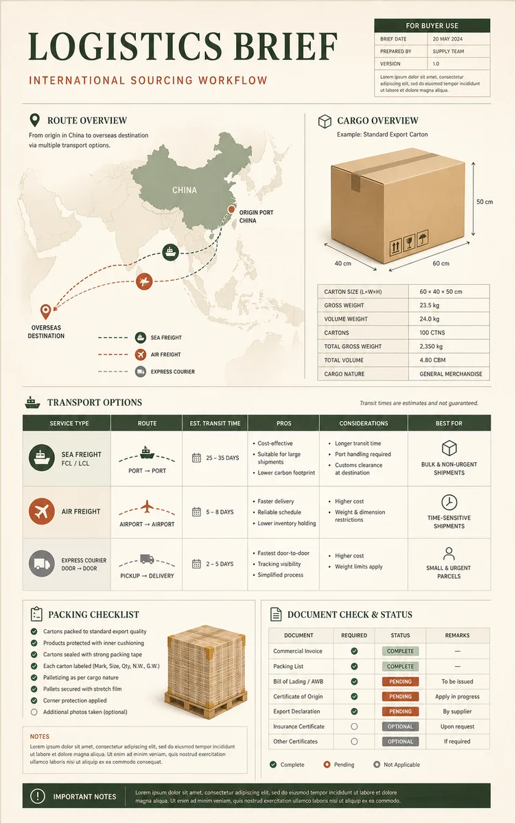 Illustrative logistics brief with a route map, cargo details, and document checklist