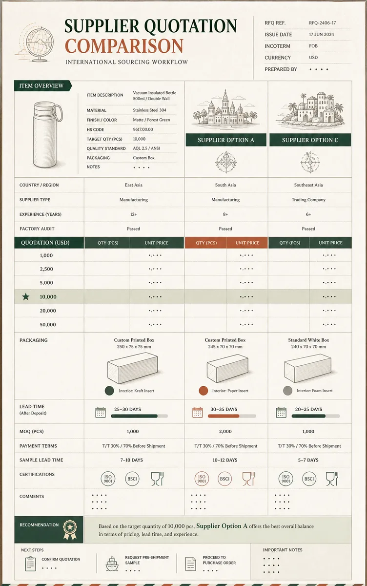 Illustrative supplier quotation comparison with packaging and lead-time fields