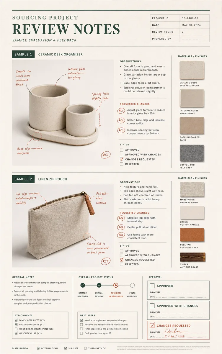 Illustrative product sample review notes with materials and requested changes