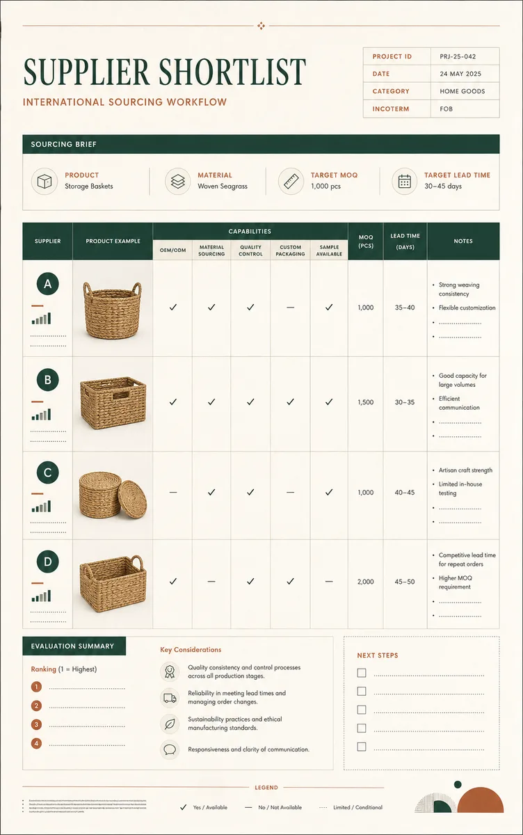 Illustrative supplier shortlist with product examples and capability checks